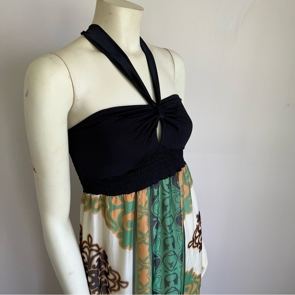 HALE Bob Women’s Gorgeous Printed Silk Halter Maxi Dress Boho Glam Green Brown S - Picture 5 of 13